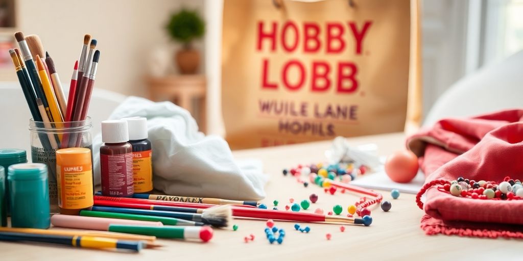 Craft supplies arranged with Hobby Lobby shopping bag.