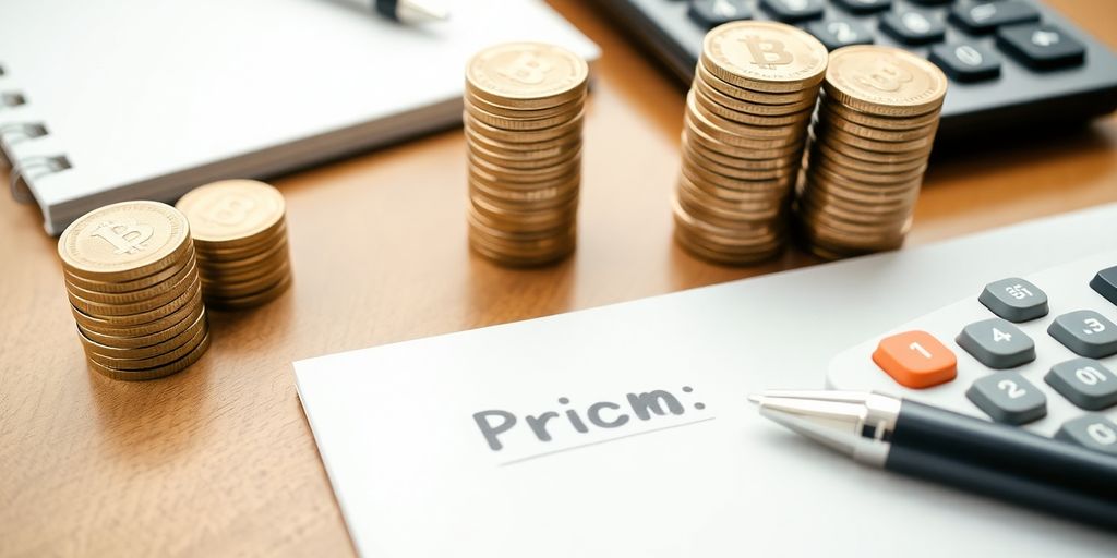 Calculator and coins on a desk for pricing structures.