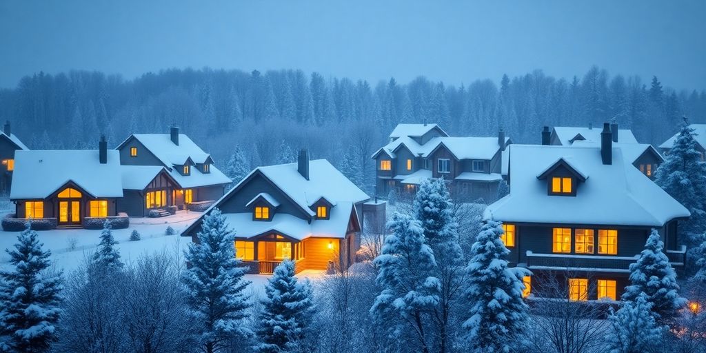 Hiver avec des maisons éclairées et enneigées.