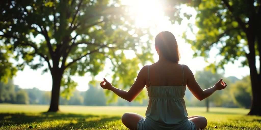 Person meditating peacefully outdoors in nature.