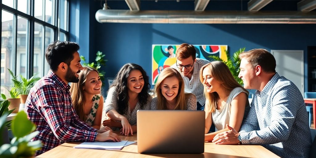 Team collaborating in a bright office environment.