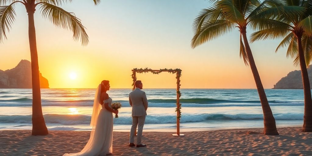Beach wedding ceremony in Cabo at sunset.
