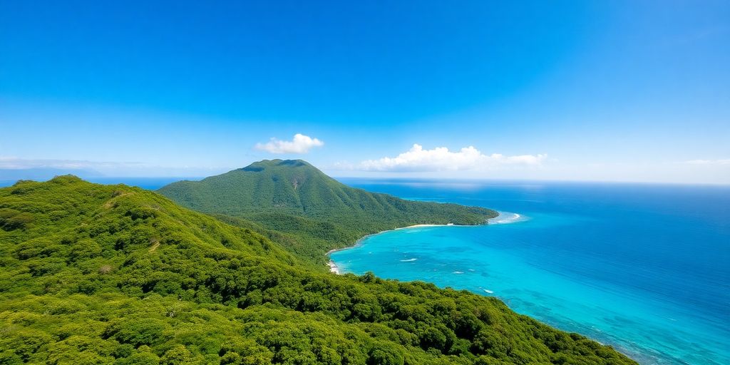 Lush green Rurutu island, blue ocean, distant white clouds.