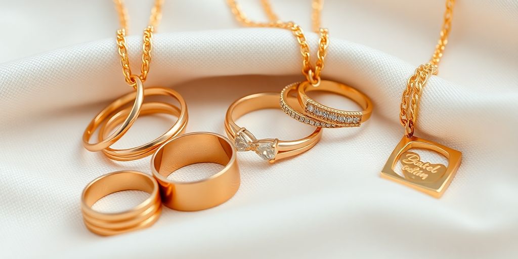Bijoux en or sur un fond de tissu doux.