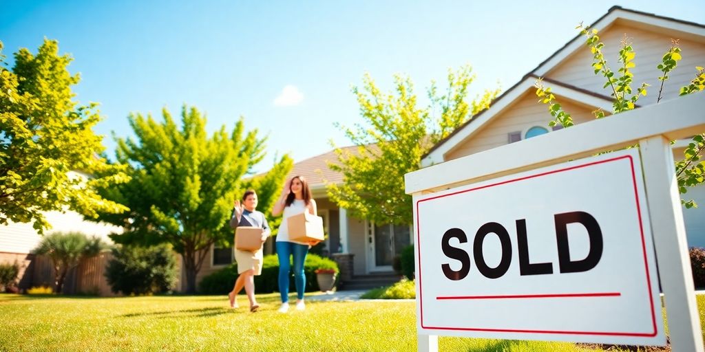 Sunny house with sold sign and people moving.