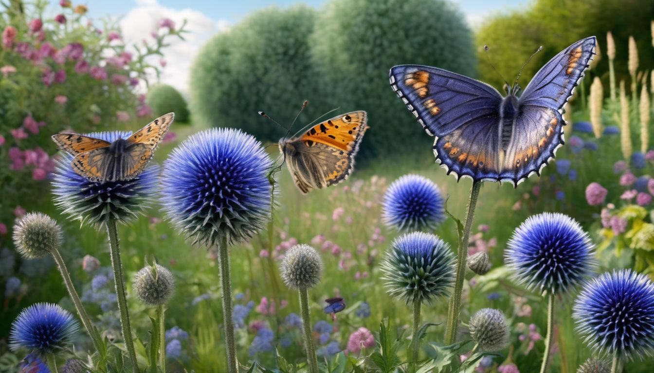Echinops flowers in a UK garden with butterflies