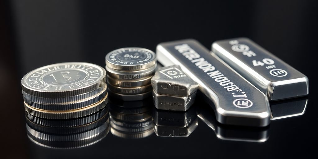Pièces d'argent et lingots sur une surface brillante.