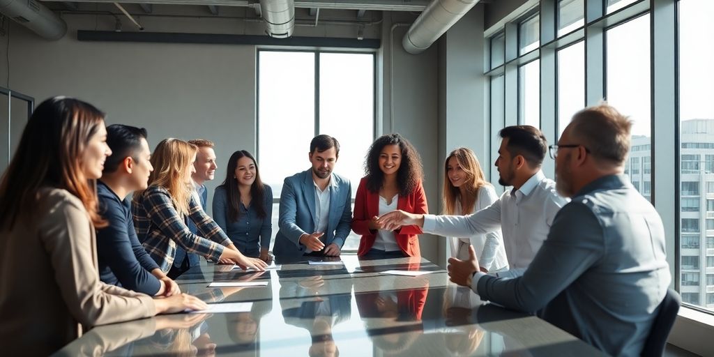 Diverse group collaborating in modern, sunlit office space