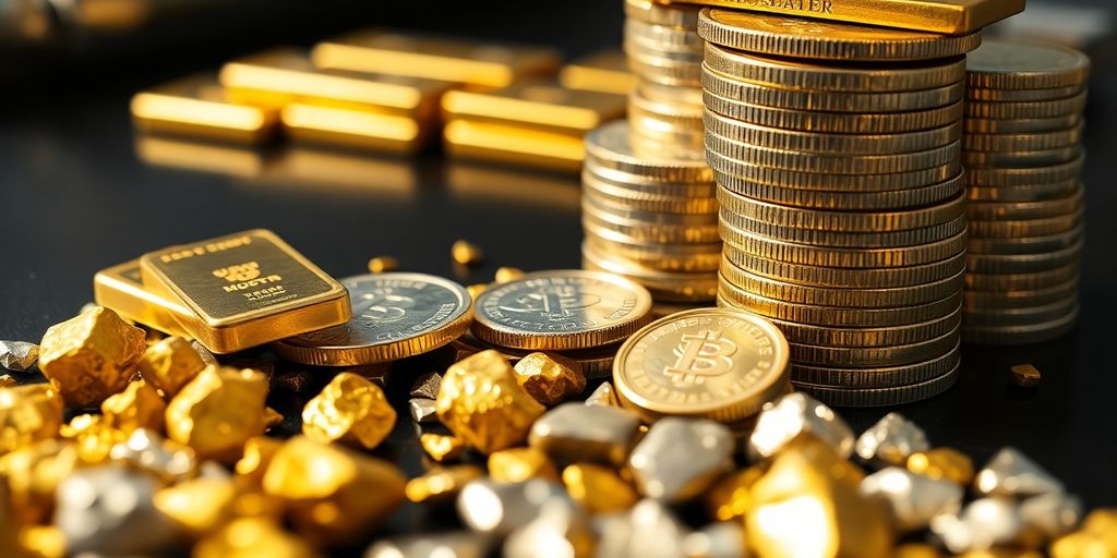 Lingots d'or, pièces d'argent et pépites de métaux précieux.