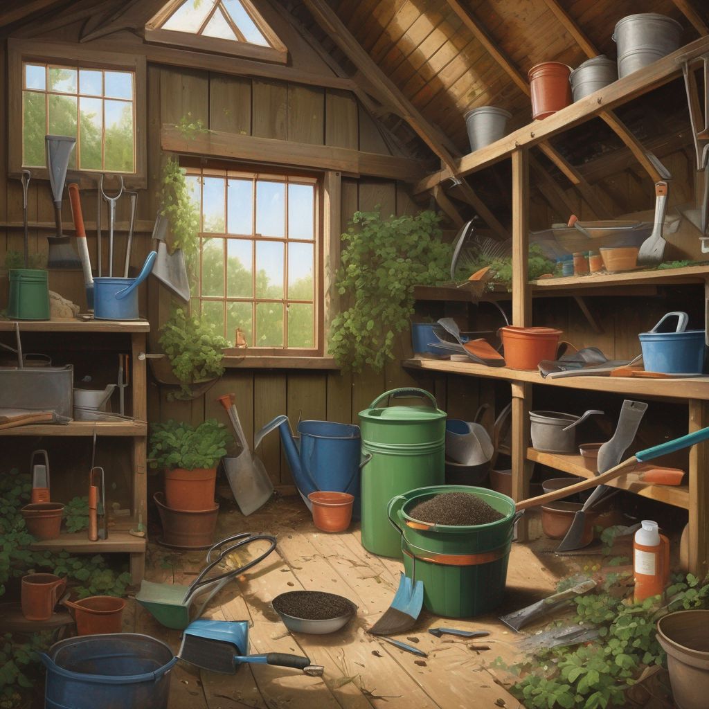 gardener cleaning and sharpening tools in a shed