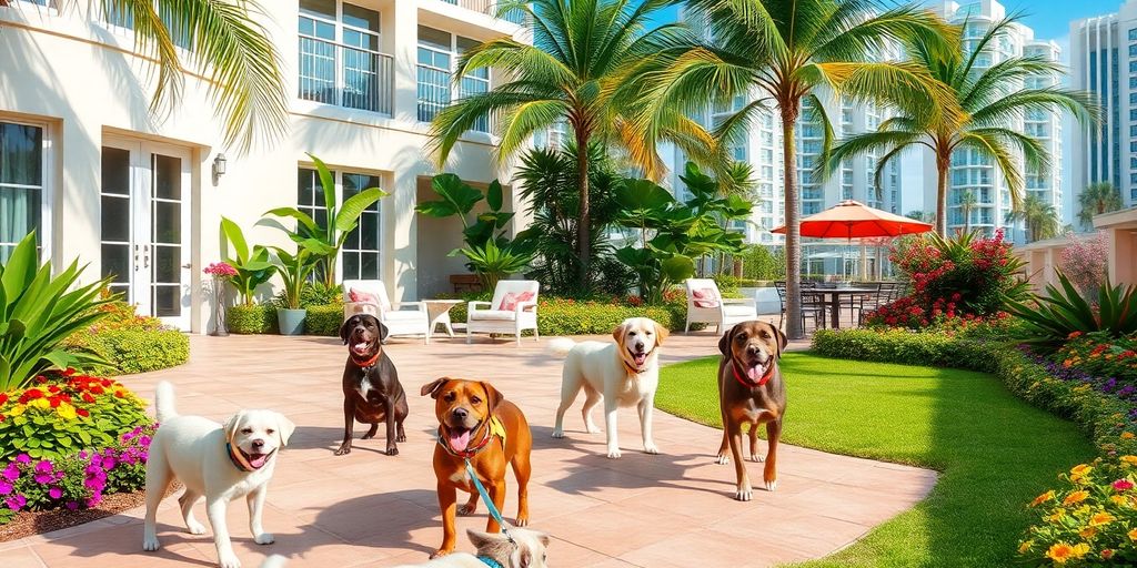 Pet-friendly Airbnb scene in Aventura, Florida with dogs.