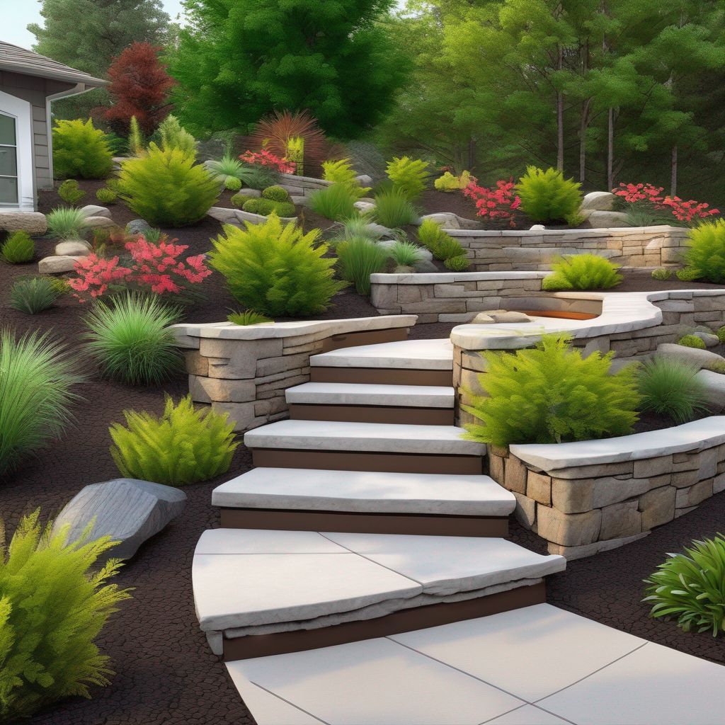 beautiful landscape design with hardscaping elements like pathways and retaining walls