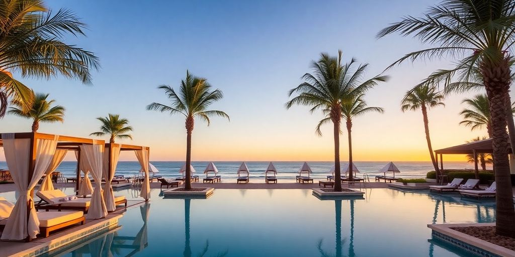 Resort solo para adultos con palmeras y vista al océano.