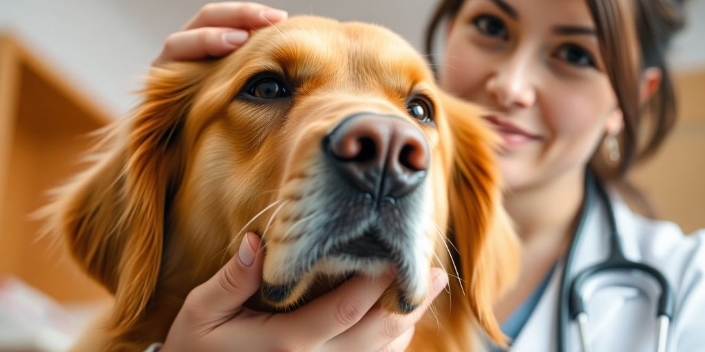 Veterinarian warmly interacting with a happy dog.