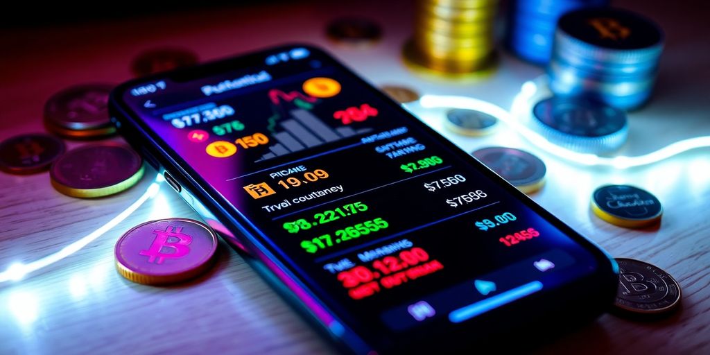 Smartphone with cryptocurrency prices on a wooden surface.