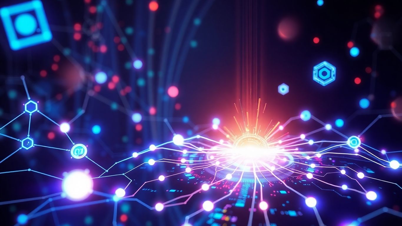 Abstract AI technology with glowing shapes and light patterns.