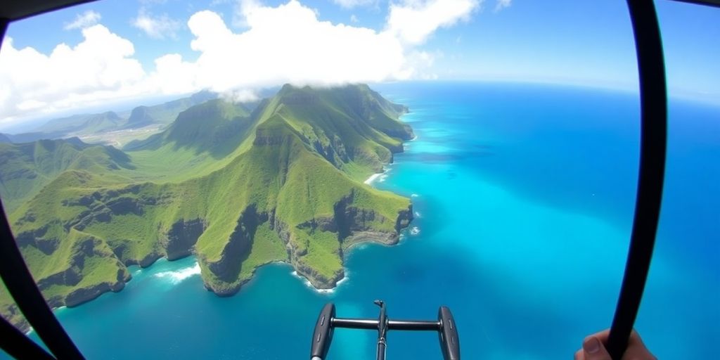 A view from an open-door helicopter over Kauai's cliffs.