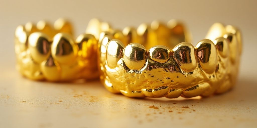 Couronnes dentaires en or brillantes et détaillées.