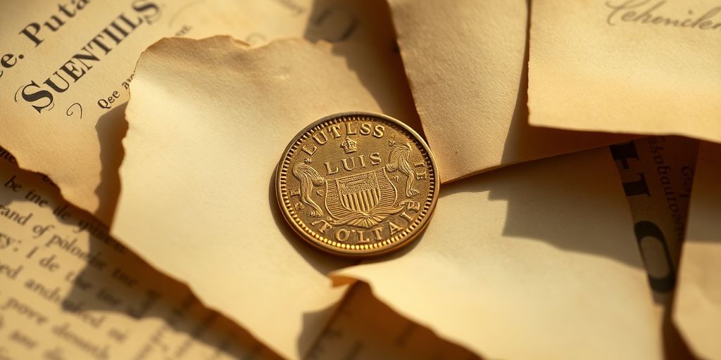 Pièce de Louis d’or parmi des documents familiaux anciens.