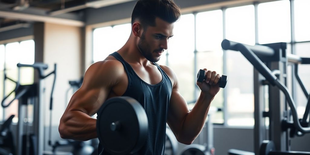 Bloke lifting weights, sweat dripping, top-notch gym.
