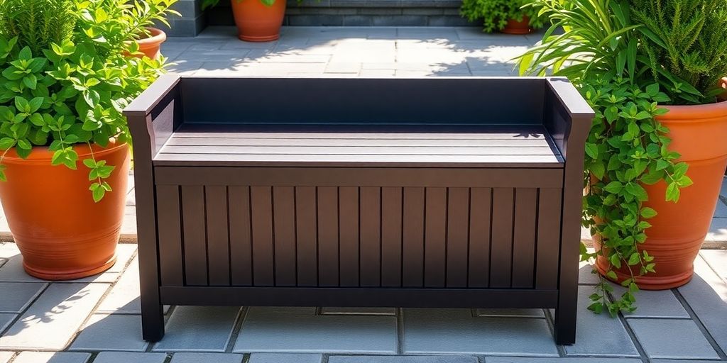 Waterproof outdoor shoe storage bench on patio.