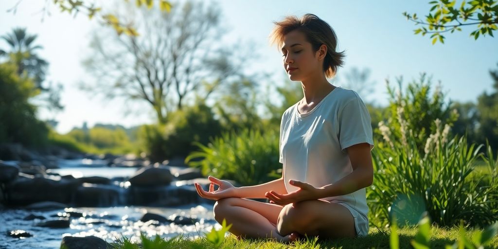 Person meditating peacefully outdoors in nature