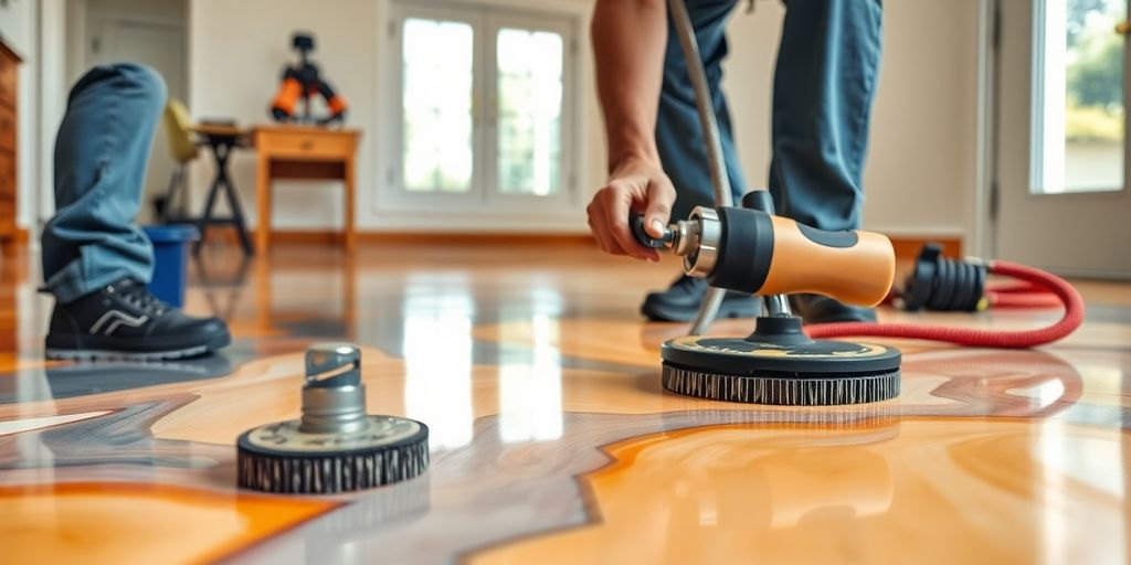Professional installer applying epoxy flooring in a home.
