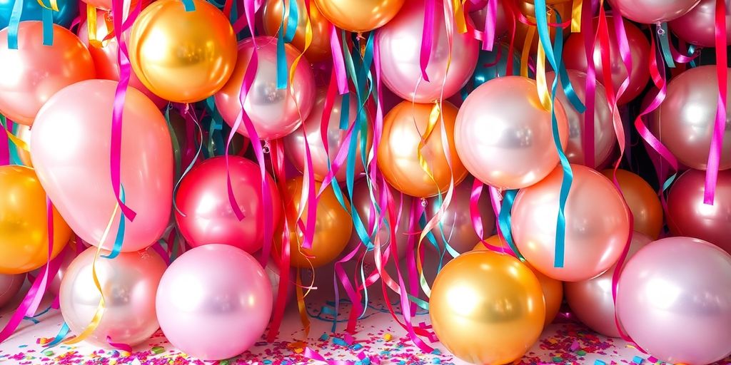 Vibrant party decor with balloons, streamers, and confetti.