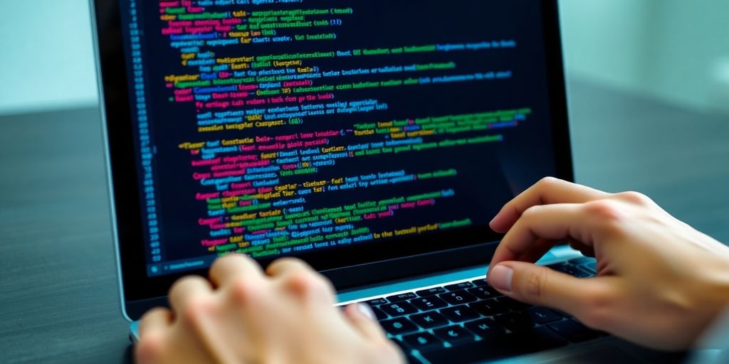 Laptop screen with Python code and hands typing