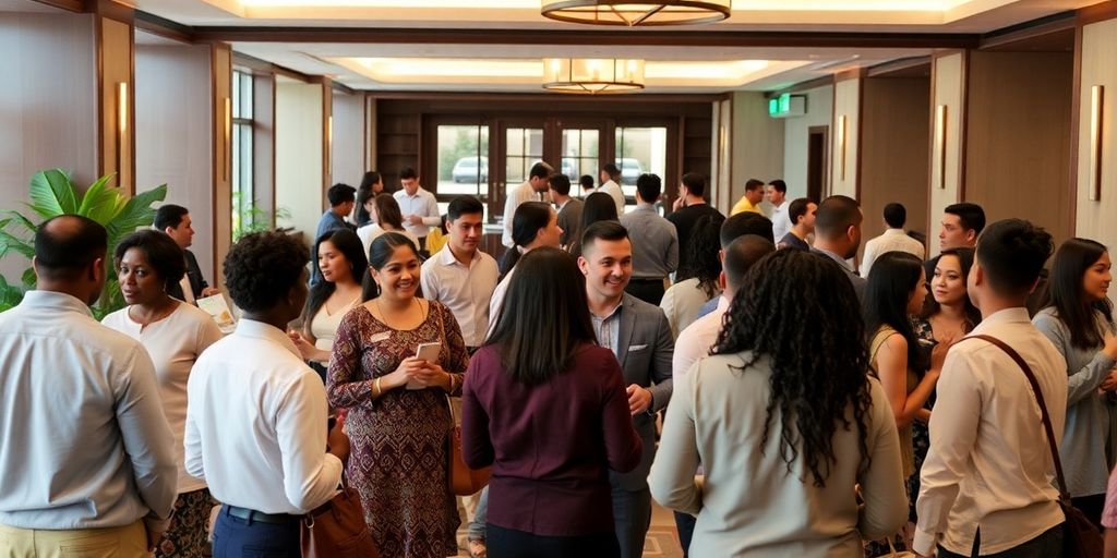Diverse guests interacting in a welcoming hotel lobby.