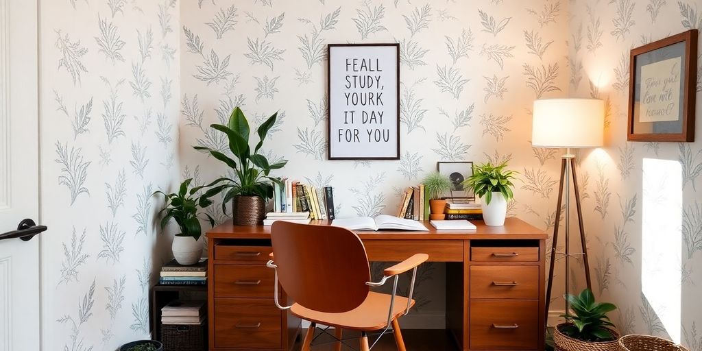 Cozy study space with inspiring wallpaper and plants.