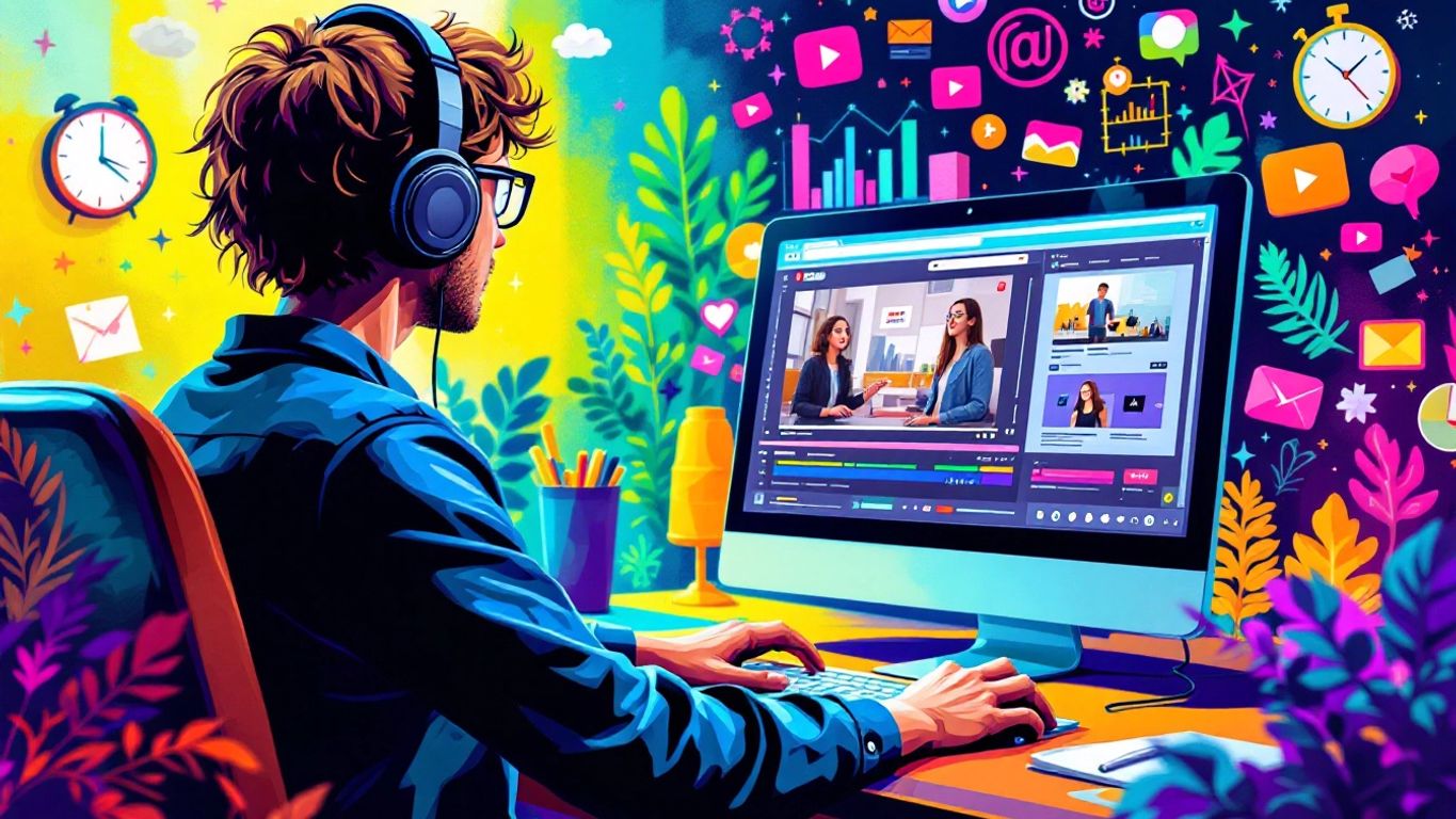 Person editing videos on a computer with headphones.