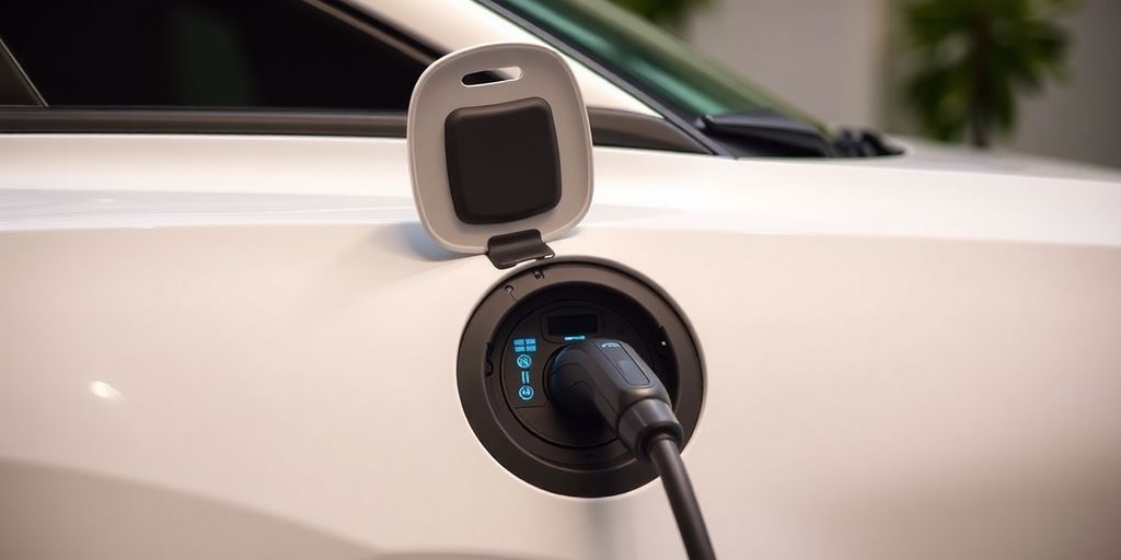 MG ZS EV charging port being opened in close-up.