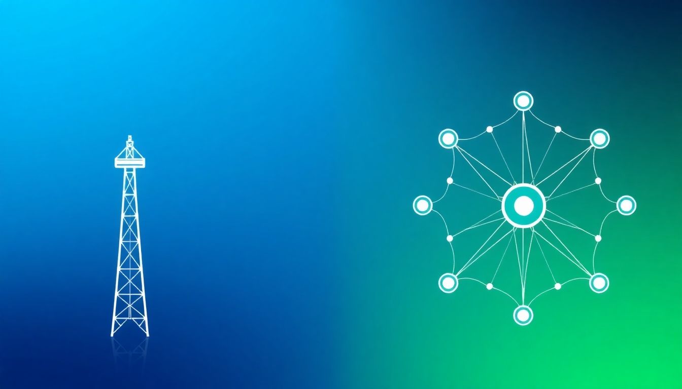 Centralized tower vs decentralized network nodes illustration.