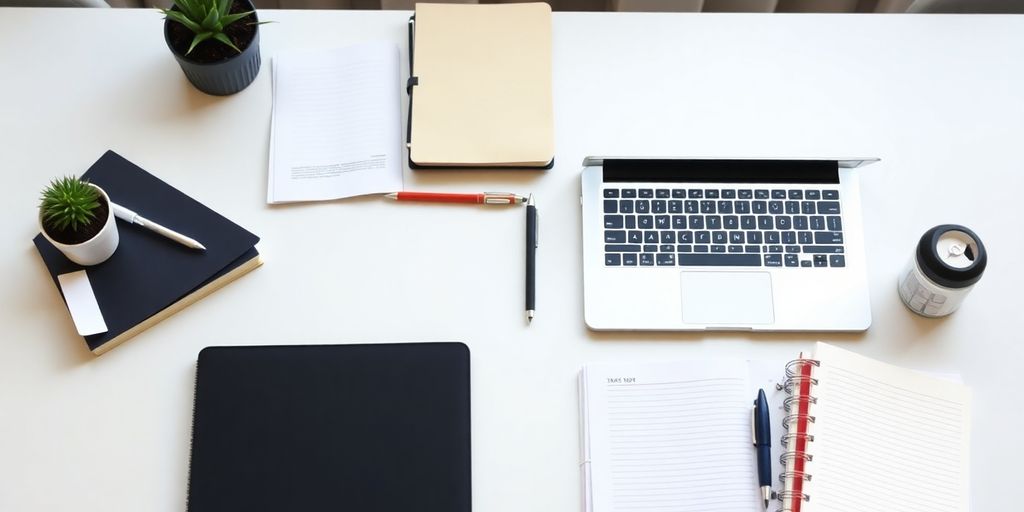 A well-organized proofreading workspace with laptop and notebooks.