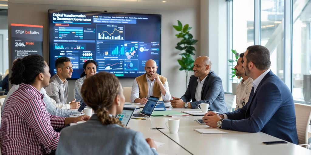 Møtedeltakere diskuterer digitalisering i et moderne kontor.