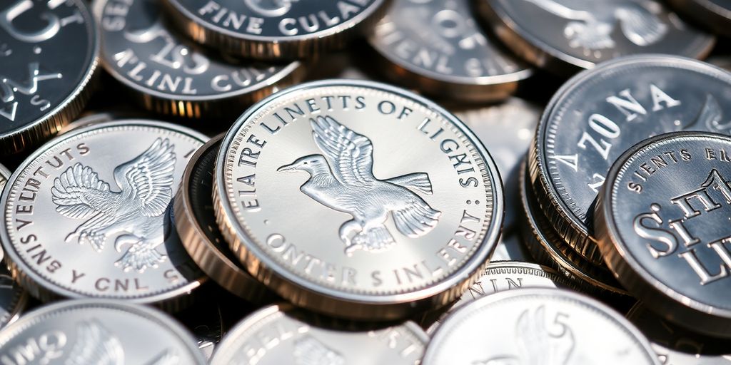 Pièces d'argent d'investissement sur un fond artistique.
