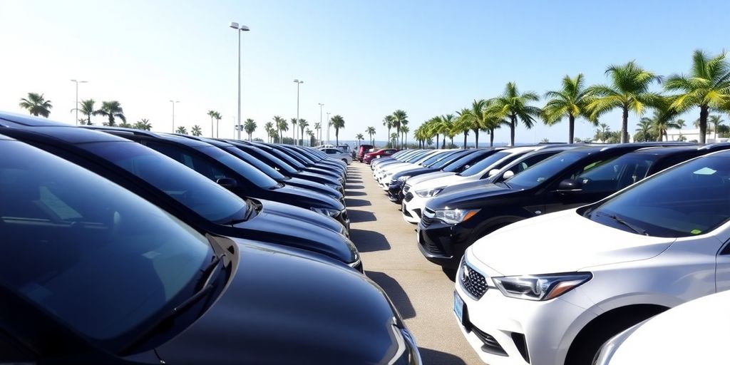 Cars parked in a rental lot.