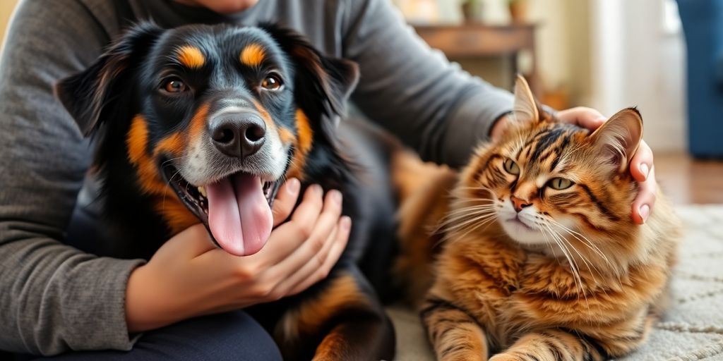 Happy dog and cat being cared for by a pet sitter.