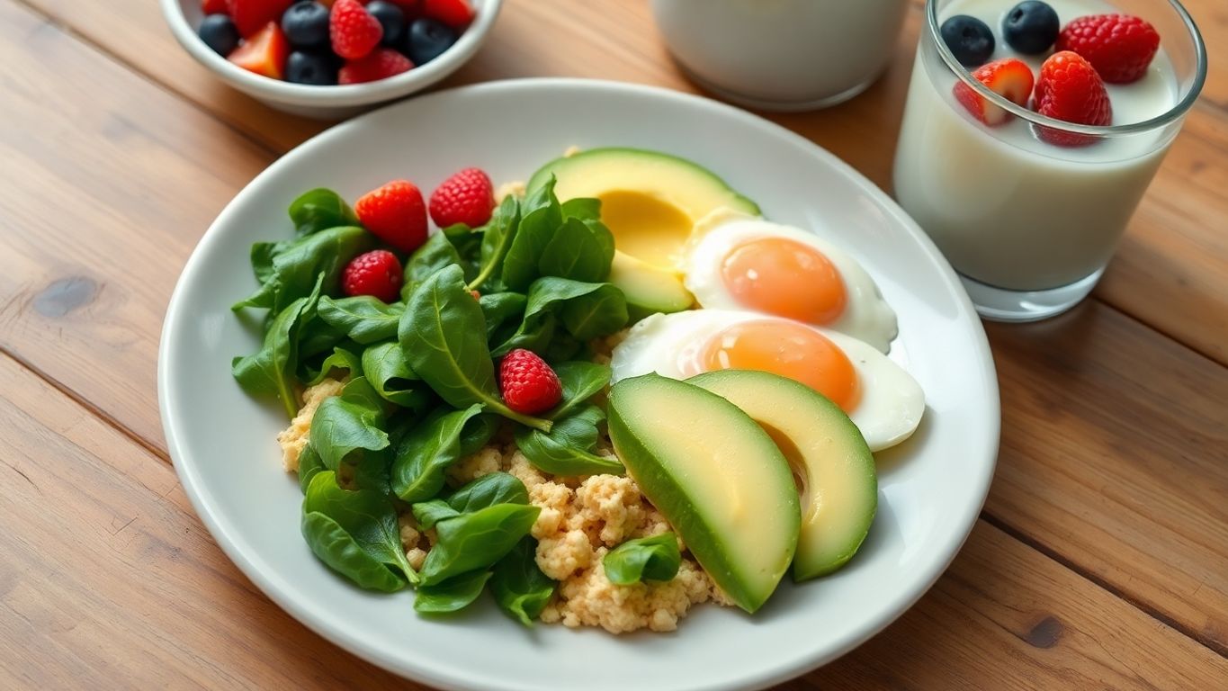 Healthy breakfast with eggs, avocado, and mixed berries.