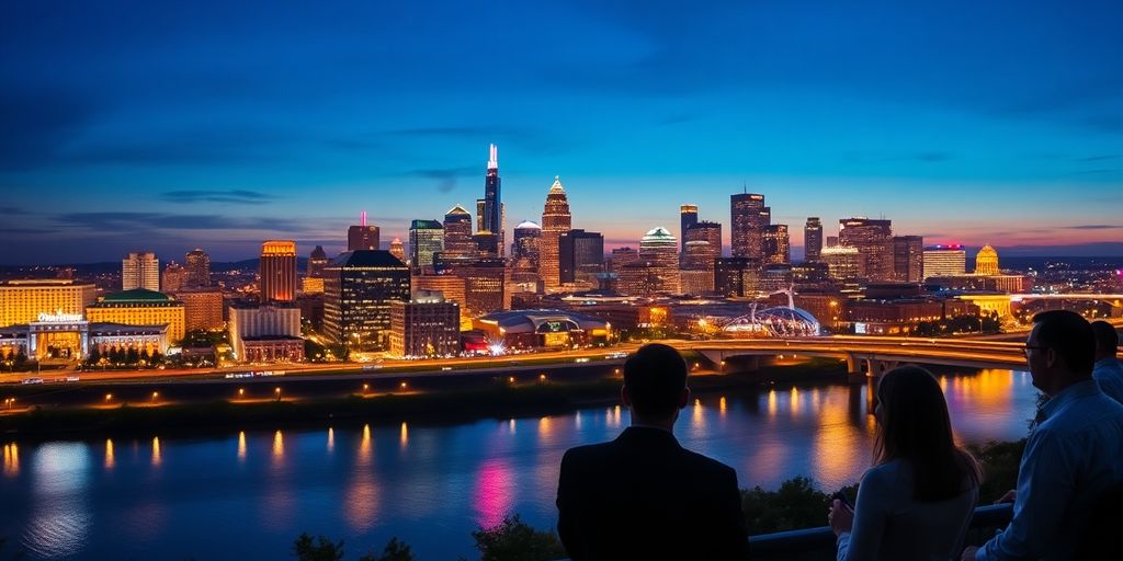 Nashville skyline with professionals discussing cybersecurity solutions.