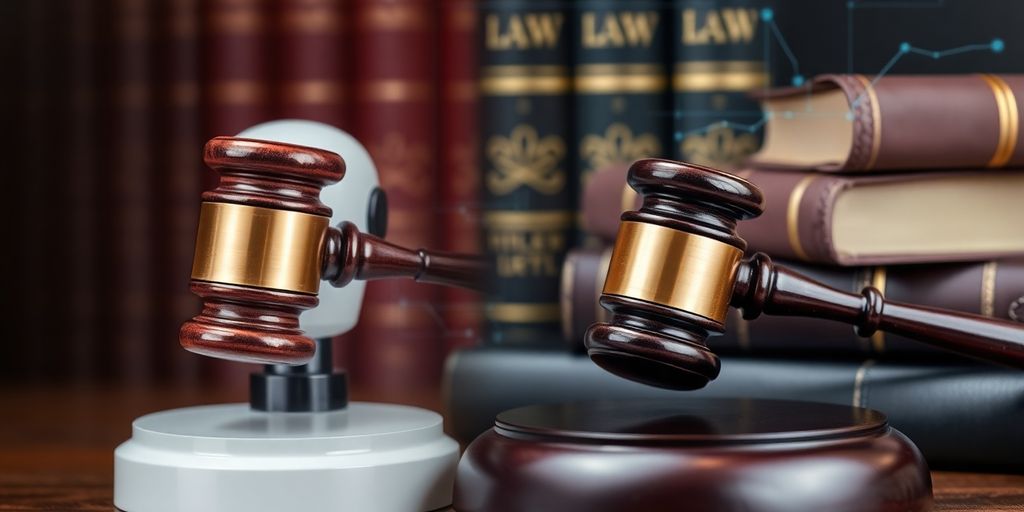 Gavel and robot with legal books in background.