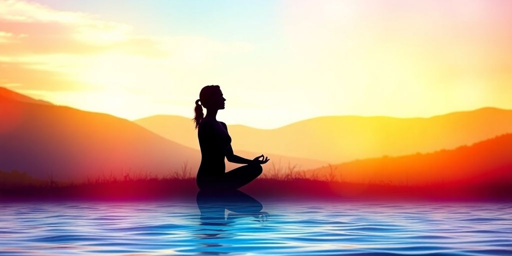 Person meditating in a vibrant natural landscape.