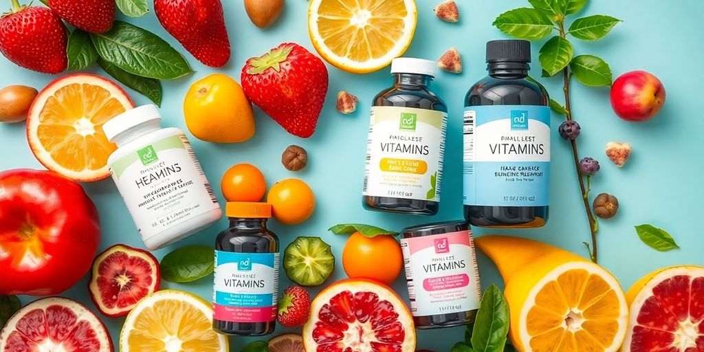 Vitamins for hair, skin, and nails with fruits and plants.