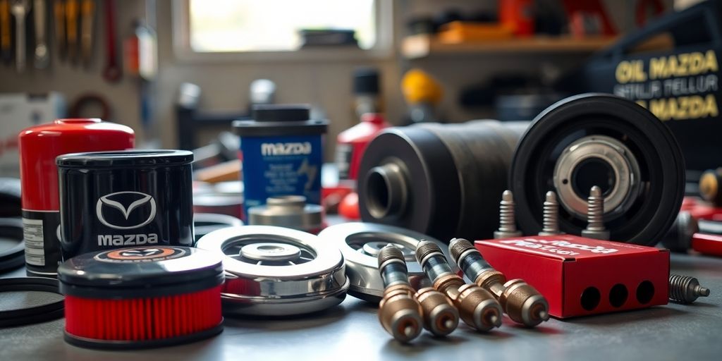 Mazda car parts on a workbench.
