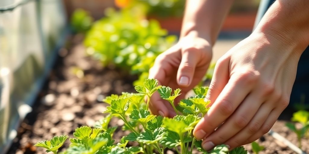 Person assisting, community garden, green plants, sun.