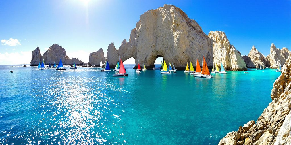Colorful catamarans sailing in Cabo's blue waters.