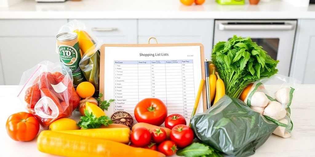 Einkaufsliste mit bunten Lebensmitteln auf einem Tisch.