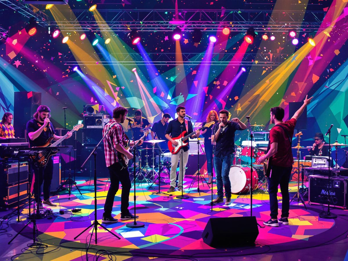 Musicians collaborating in a lively studio environment.