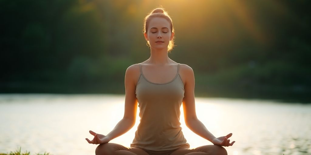 Person meditating peacefully outdoors at sunrise.